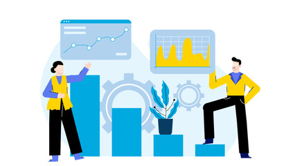Two people discussing graphs, technology with gears, and a plant in a collaborative business setting. Suitable for corporate presentations or financial reports.
