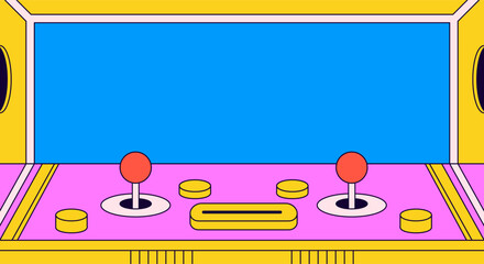 Retro arcade game machine interface with pink control panel and large empty blue screen for arcade cabinets background cartoon hand drawn illustration