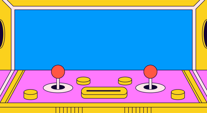 Retro arcade game machine interface with pink control panel and large empty blue screen for arcade cabinets background cartoon hand drawn illustration