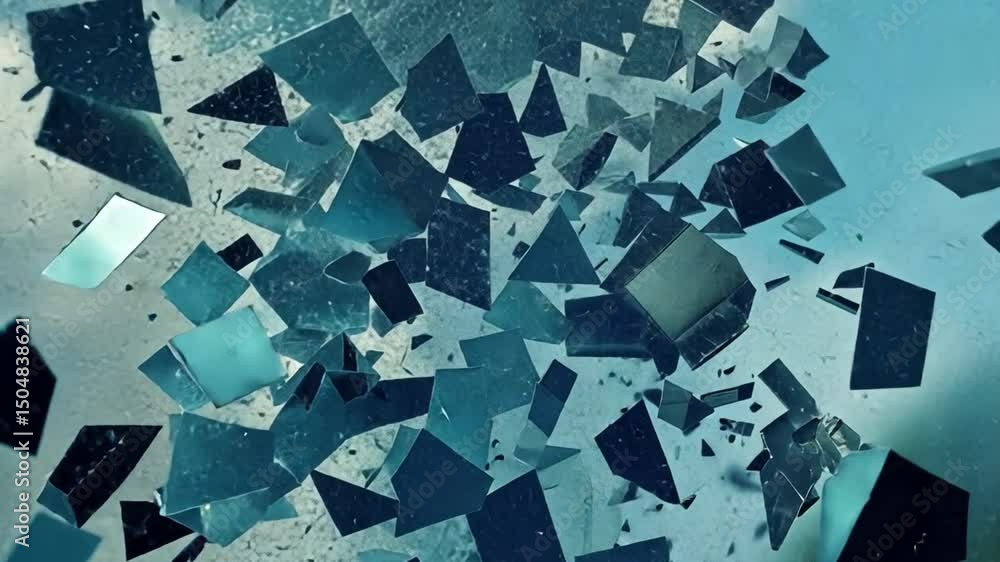 Poster dynamic composition of shattered glass pieces abstract reflection of chaos in various shapes and siz
