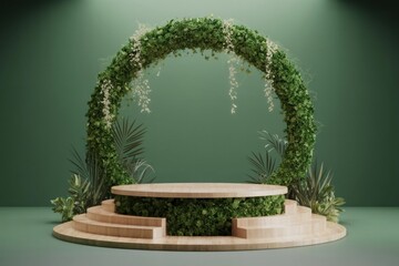 Organic Product Display – Beige & Wood Minimalist Stage with Green Plants