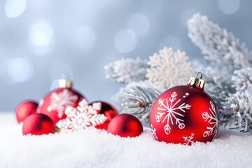 Festive Christmas Ornament Still Life with Red Baubles Snowy Pine Branch and Bokeh Background for Holiday Greetings