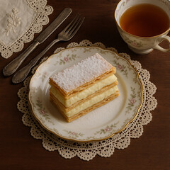 Mille-Feuille Pastry on Vintage Porcelain Plate &ndash; Dessert Flatlay