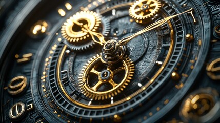 Close-up intricate watch face, gears and hands