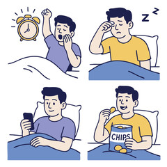 Alarm clock yawning tired phone snacks chips bedtime routine relaxation