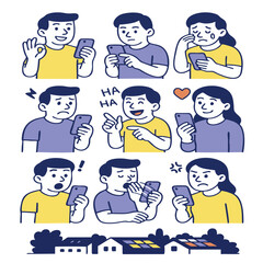 Series of illustrations showing various emotions while using smartphone, including joy, surprise