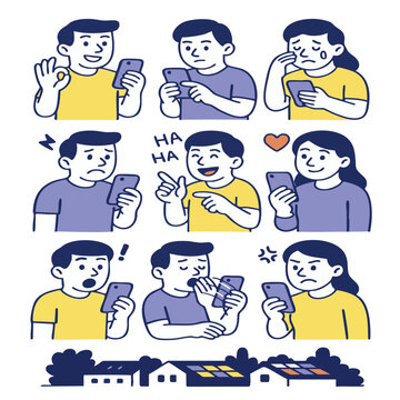 Series of illustrations showing various emotions while using smartphone, including joy, surprise