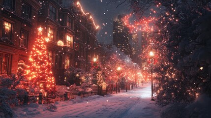 Obraz premium enchanting winter cityscape awash in festive glow showcasing snow-covered streets and buildings adorned with christmas lights evoking the magic of the holiday season