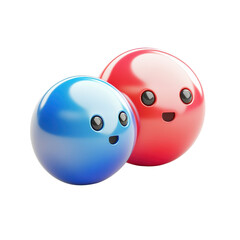 Fototapeta premium A playful pair of glossy spheres red and blue with happy faces exuding on transparent background