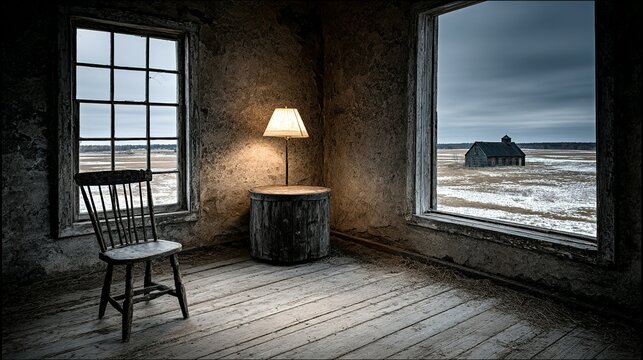 An old wooden chair sits in a dimly lit room, looking out at a distant barn.
