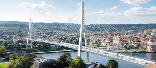 Modern suspension bridge spanning a river with a cityscape backdrop under bright skies
