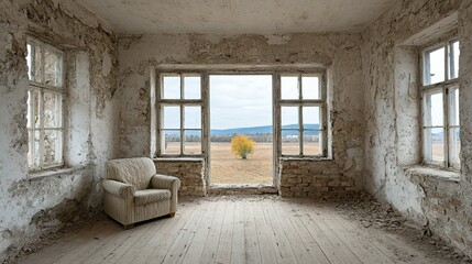 Empty room with large windows and a vintage armchair in a dilapidated building.