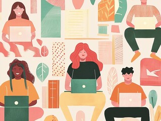 Online education flat illustration, diverse students using laptops with pop-up book style elements, warm pastel tones, playful yet professional e-learning concept.