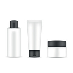 Cosmetic packaging set with dispenser bottle, tube and cream jar on white background, realistic mockup