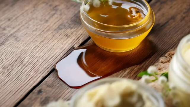 Artisanal honey and creamy shea butter in glass jars on rustic wooden surface with small white flowers and honey dipper