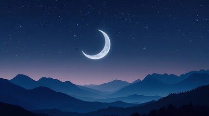 Stunning Night Sky with Crescent Moon and Starry Landscape &ndash; Celestial Beauty in Serene Twilight