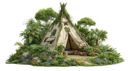 Enchanted Shelter: An idyllic, secluded hideaway nestled amidst lush greenery and vibrant vegetation, evoking a sense of peaceful isolation and inviting exploration of nature's embrace.