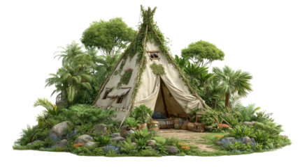 Enchanted Shelter: An idyllic, secluded hideaway nestled amidst lush greenery and vibrant vegetation, evoking a sense of peaceful isolation and inviting exploration of nature's embrace.