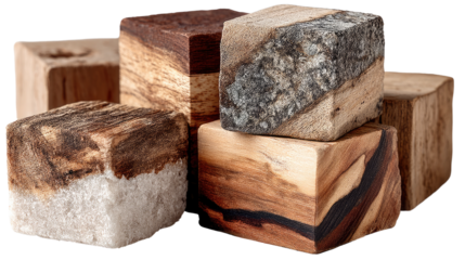 Wood Cubes Showcase: A close-up capture of meticulously crafted wooden cubes, each with a unique grain pattern and texture, forming a visually engaging and tactile composition. 