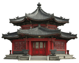 Fototapeta premium Traditional Chinese pagoda featuring tiered roofs and intricate carvings, showcasing vibrant red and gray colors. This architectural marvel evokes sense of cultural heritage and artistry