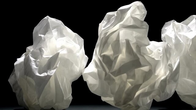 Three abstract white paper sculptures illuminated against a dark background create a sense of lightness and fragile beauty.