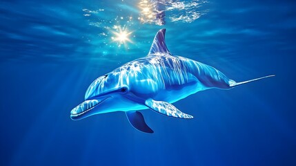 Fototapeta premium Dolphin swims underwater, sunbeams