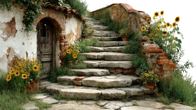 Stone Steps and Sunflowers: Rustic stone steps wind upward past an old stone building, adorned with vibrant sunflowers in terracotta pots, creating a picturesque scene.