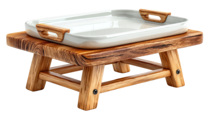 Elevated Elegance: A pristine white serving tray with natural wooden accents resting elegantly on a beautifully crafted wooden stand, showcasing the charm of functional design