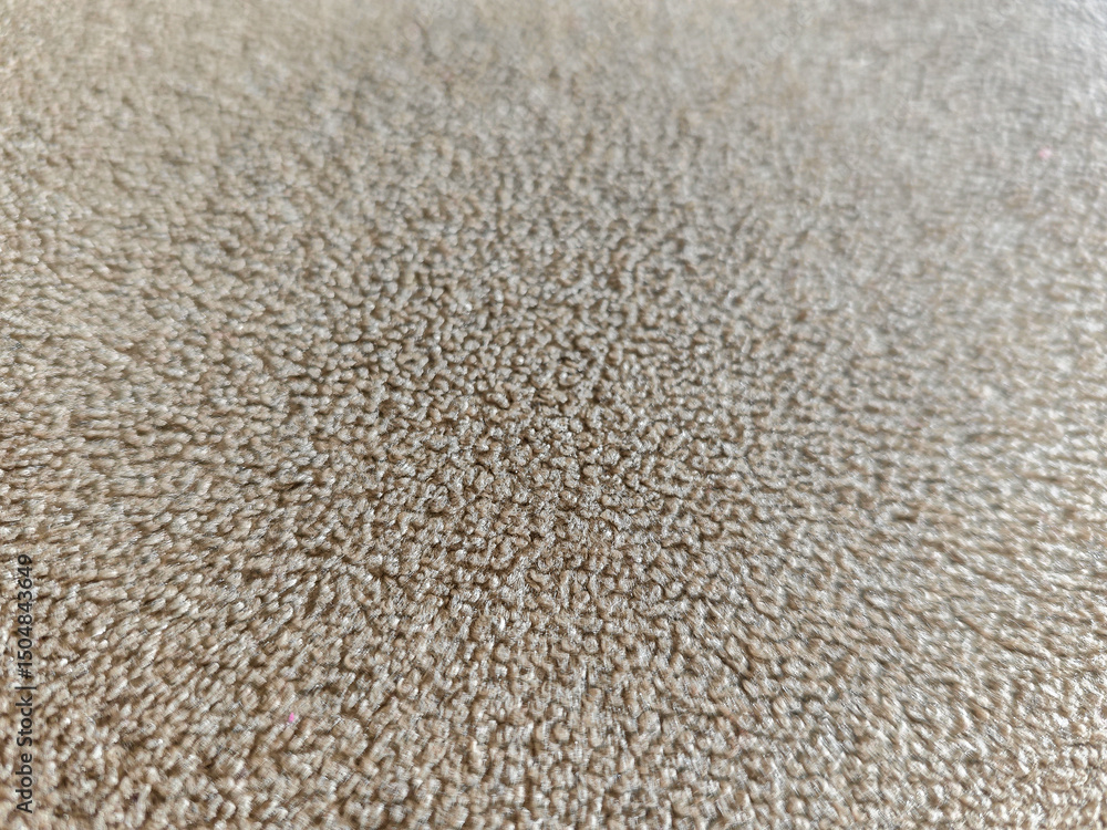 Poster close-up shot showcasing the intricate texture of a light brown carpet, ideal for interior design or