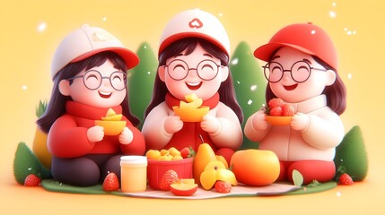 Obraz premium Three girls enjoying a picnic with fruit