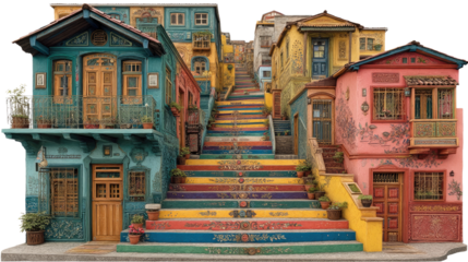 Colorful Street of Wonders: Capturing a vibrant and inspiring scene, colorful buildings line a whimsical street with a rainbow staircase, inviting exploration and evoking feelings of wonder and joy.