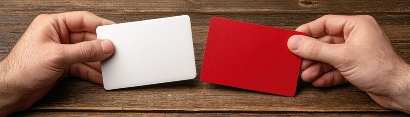 Two hands hold blank white and red cards on a wooden table, suggesting decision-making or choice.