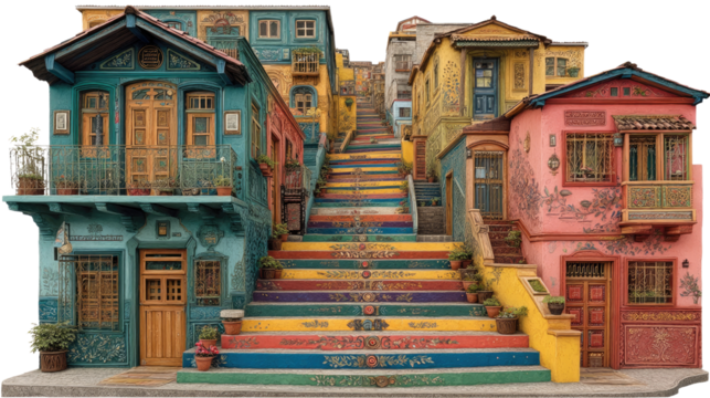Colorful Street of Wonders: Capturing a vibrant and inspiring scene, colorful buildings line a whimsical street with a rainbow staircase, inviting exploration and evoking feelings of wonder and joy.