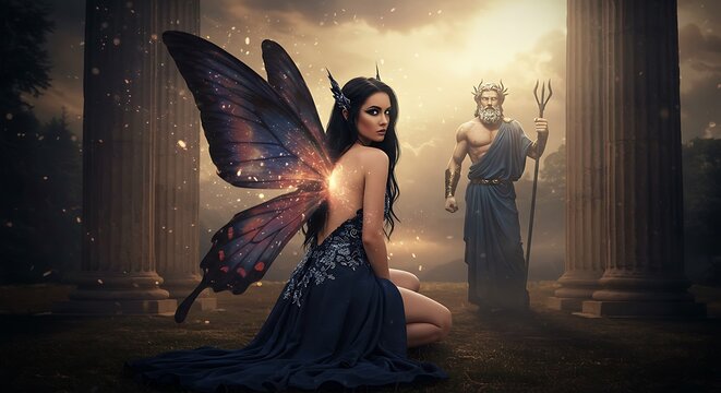 fantasy naughty sensual woman with butterfly costume and magical effect power with zeus romance scene 