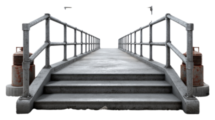 Bridge to a Clear Horizon: A symmetrical view of a concrete bridge, leading towards an empty and bright horizon, symbolizing a journey or transition with metallic handrails and stairs.