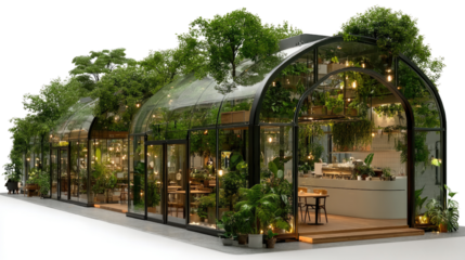 Green House Restaurant: A modern restaurant design features a glass-enclosed structure with lush greenery integrated into the architecture.