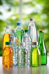 A variety of plastic and glass beverage bottles with different liquids, arranged on a table against a blurred green background.