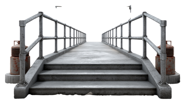 Bridge to a Clear Horizon: A symmetrical view of a concrete bridge, leading towards an empty and bright horizon, symbolizing a journey or transition with metallic handrails and stairs.