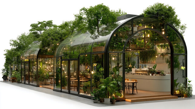 Green House Restaurant: A modern restaurant design features a glass-enclosed structure with lush greenery integrated into the architecture.