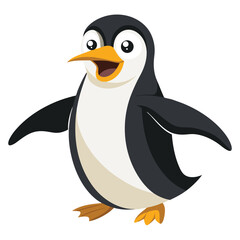 A king penguin with surprised eyes waddles with its wings outstretched against a white background