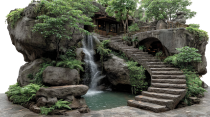 Serene Rock Garden Waterfall: A tranquil oasis featuring a cascading waterfall flowing into a serene pool, nestled amidst lush greenery, grey rocks.