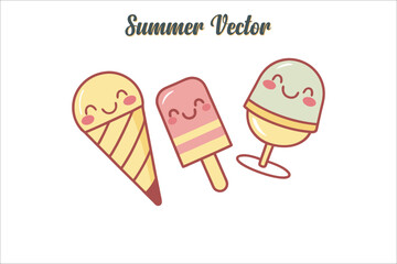 Cute Summer Ice Cream Vector Collection. Kawaii Summer Dessert Clipart for Kids.