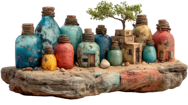 Bottles of Culture: A colorful collection of bottles, each uniquely shaped and textured, arranged to resemble a cultural village and set atop a stony surface, a harmonious fusion of art and history.