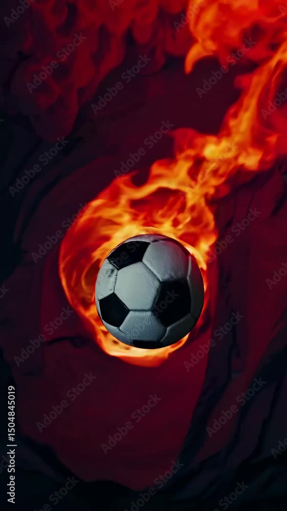 Poster dynamic video concept of a soccer ball engulfed in flames, captured from a side angle, emphasizing s