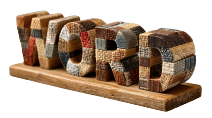 "Word" Decorative Block Sculpture: Captivating perspective of a three-dimensional "word" sculpture crafted from intricately textured materials, with each letter showcasing a unique character.