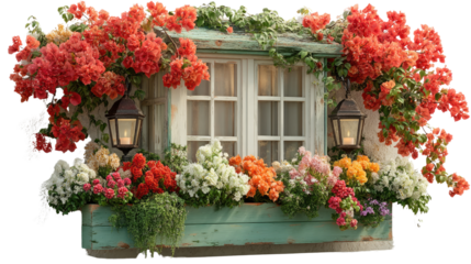 Window with Floral Display: A charming window adorned with vibrant red and multicolored flowers in a planter box, with lanterns flanking either side.