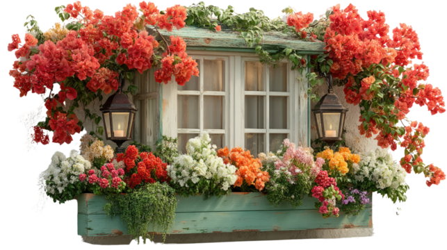 Window with Floral Display: A charming window adorned with vibrant red and multicolored flowers in a planter box, with lanterns flanking either side.