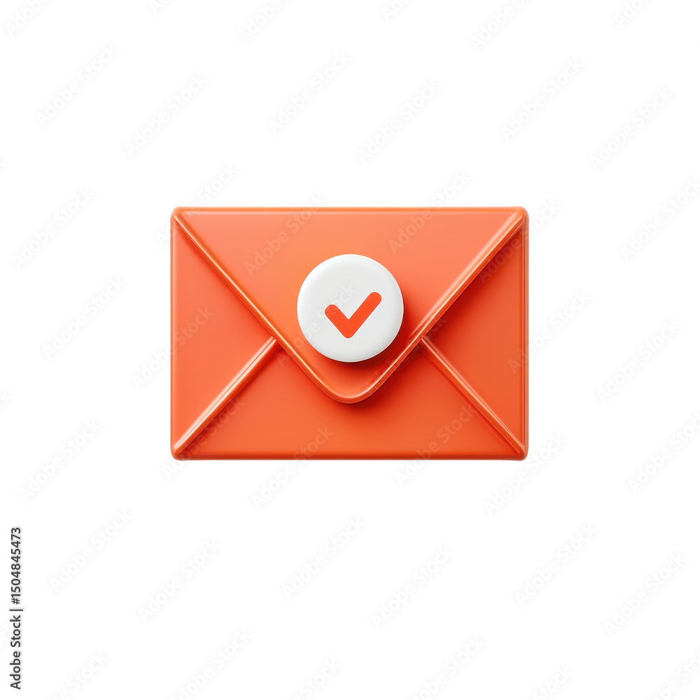 Poster an orange 3d email icon with a checkmark symbolizing notification and on transparent background