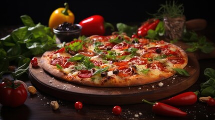 Delicious pepperoni pizza on a wooden board with fresh ingredients.