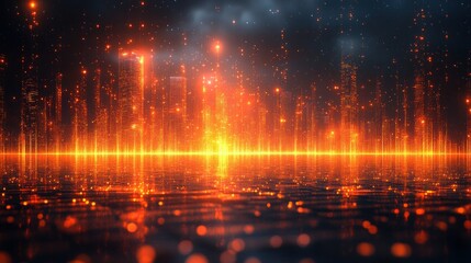 Naklejka premium Fiery Cityscape Reflection: A Digital Metropolis at Night